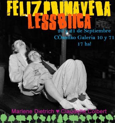 Volante de invitación a la primavera lésbica de 2013. En la imagen marlene dietrich y claudette colbert,  de camisa abrazadas